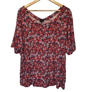 J.Jill Plus Size Floral Print Tunic Top 2X Red Blue Short Sleeve Scoop Neck Boho